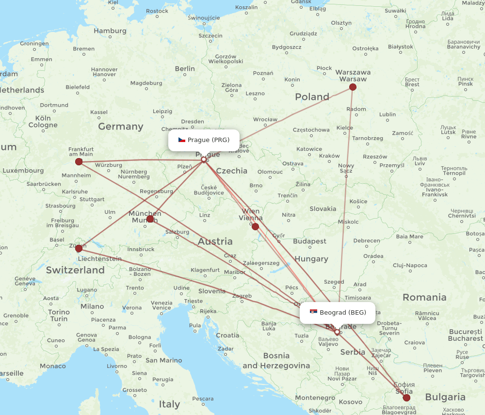 PRG-BEG flight routes
