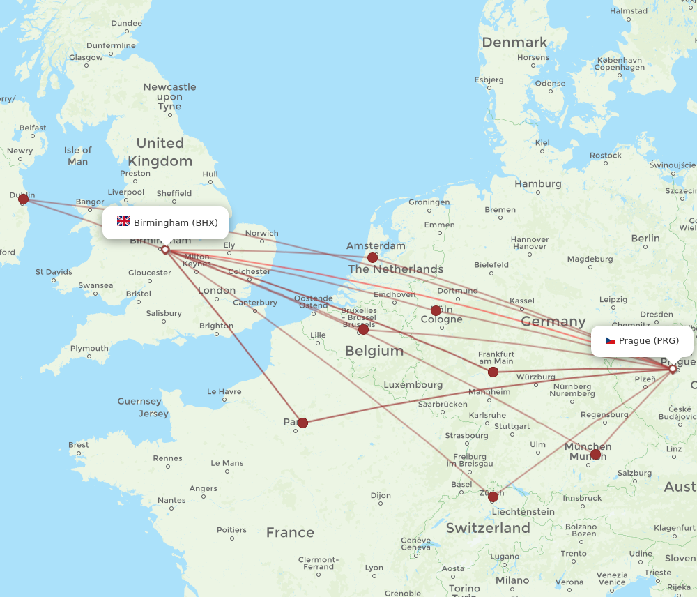 PRG to BHX flights and routes map