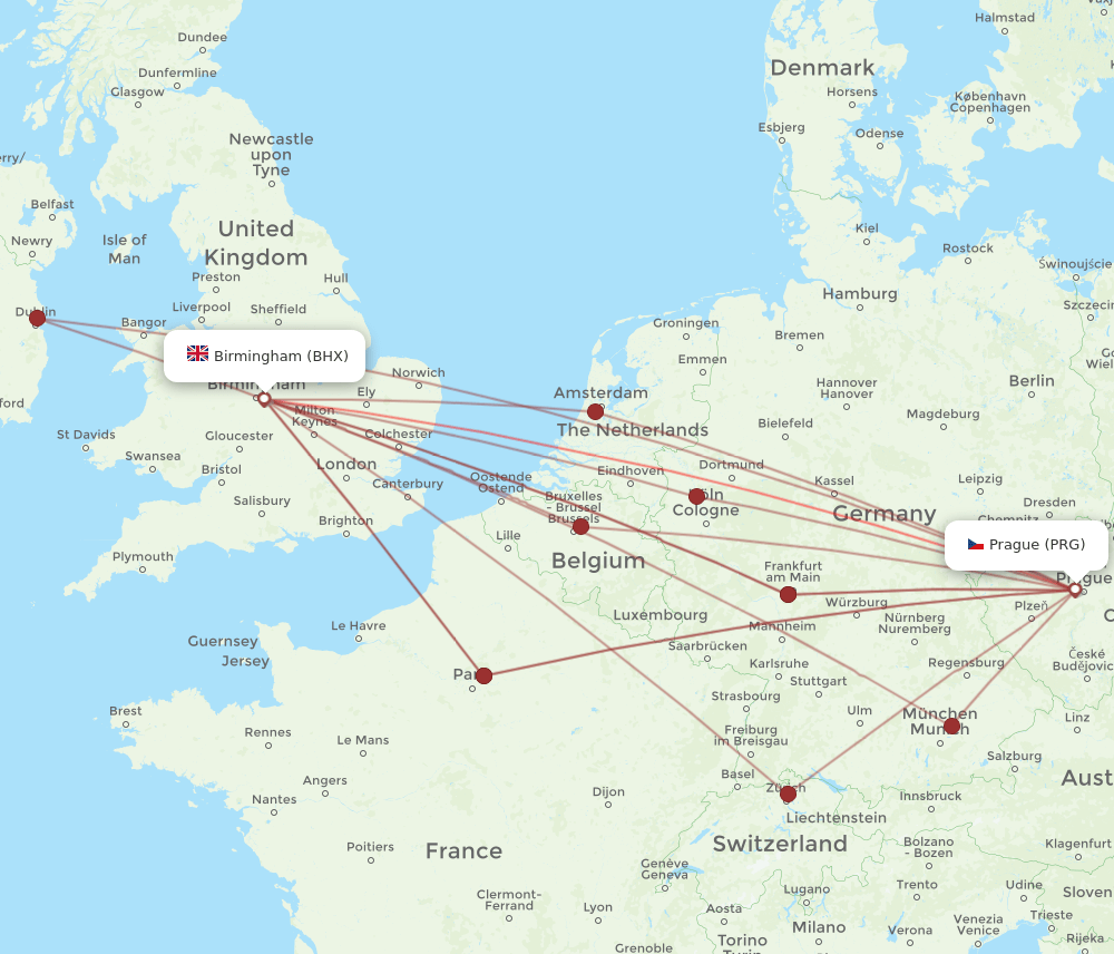 PRG to BHX flights and routes map