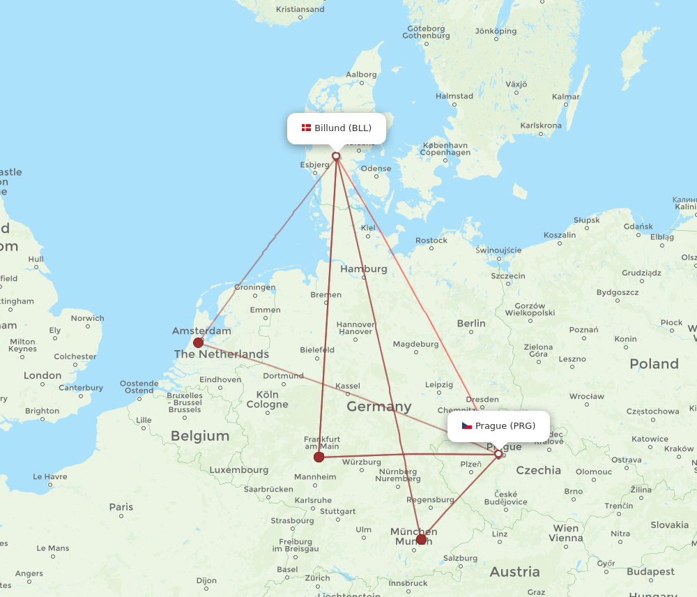 PRG-BLL flight routes