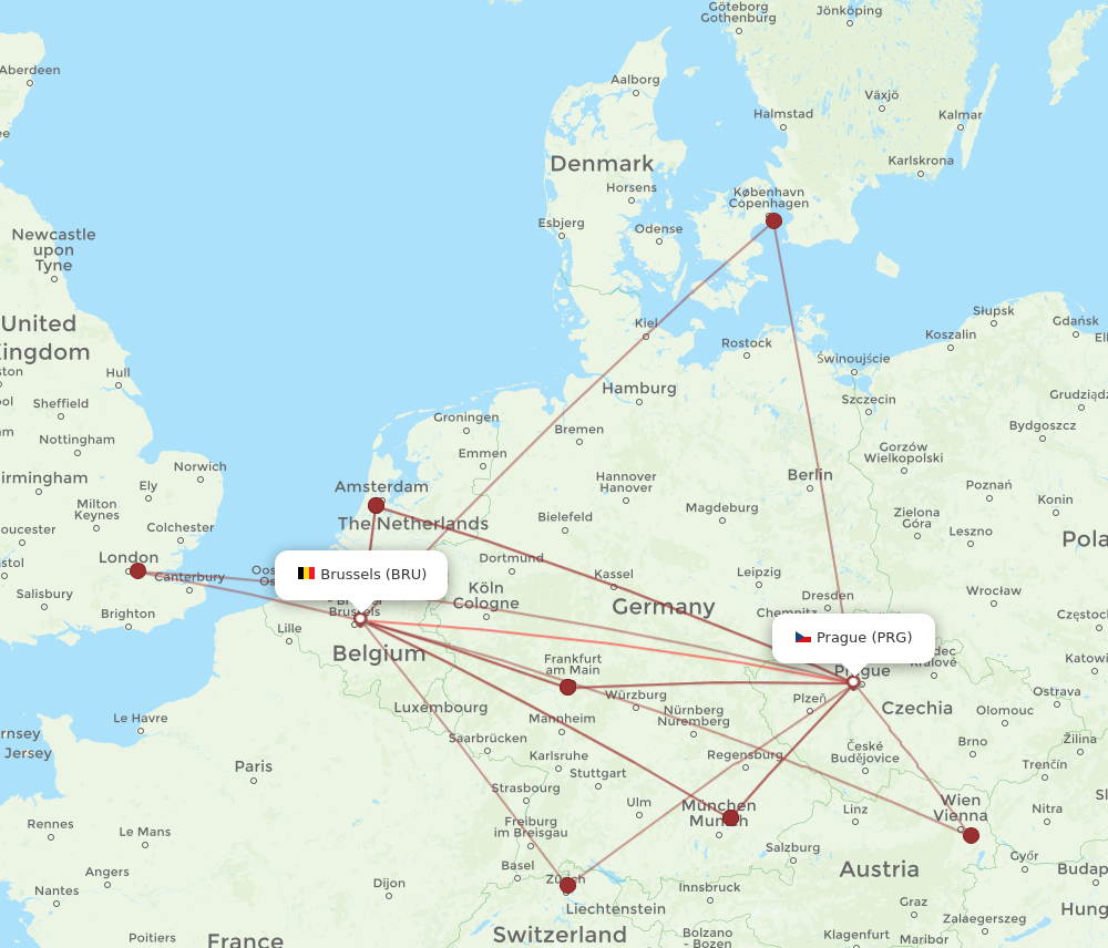 PRG to BRU flights and routes map