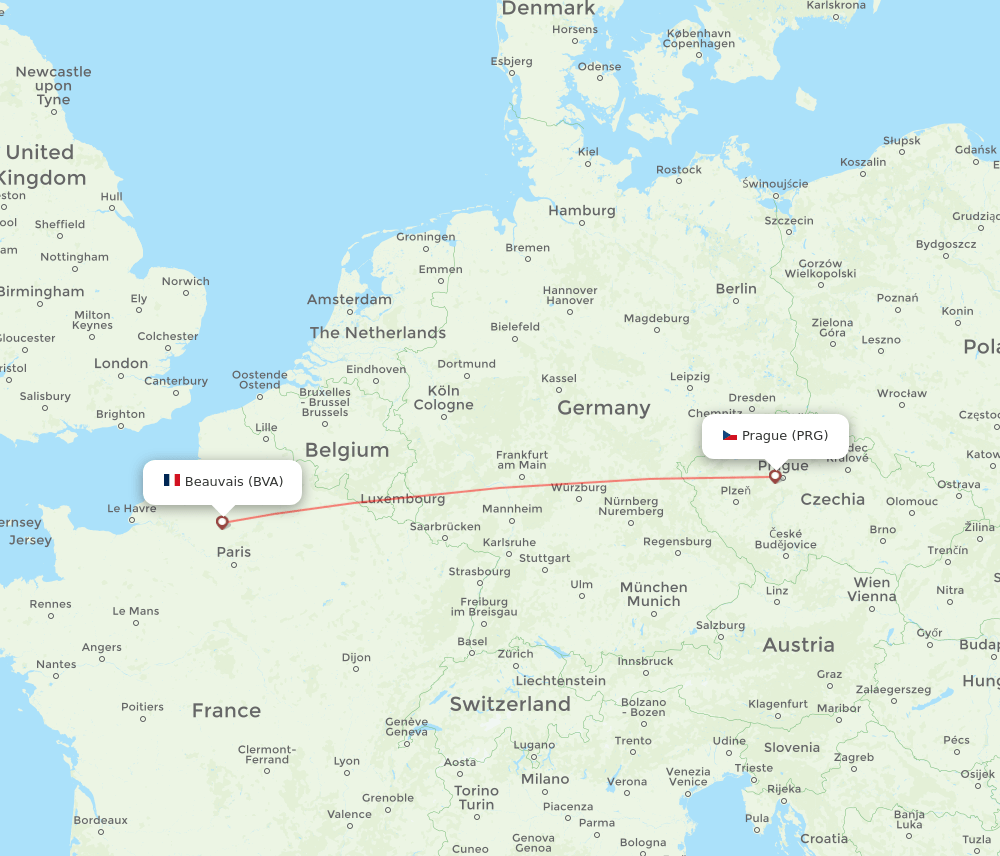 Prague - Paris route map and flight paths