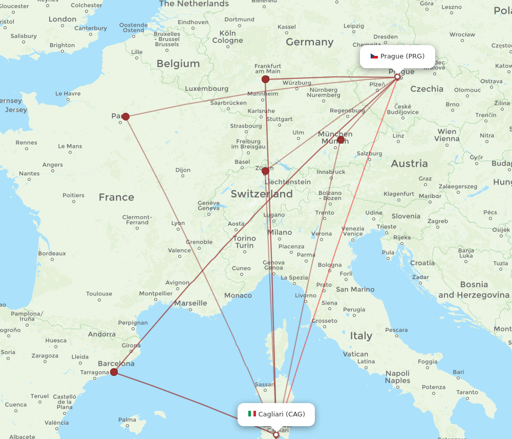 PRG to CAG flights and routes map