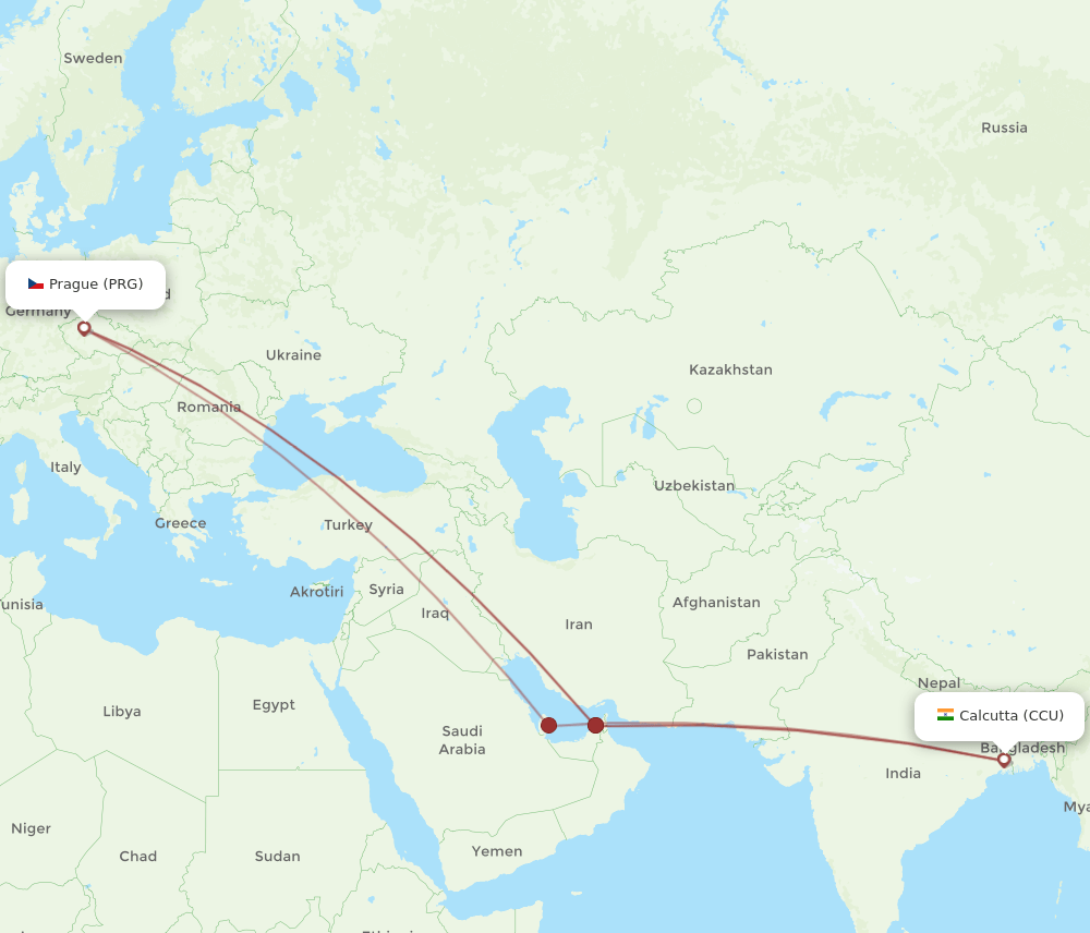 PRG-CCU flight routes