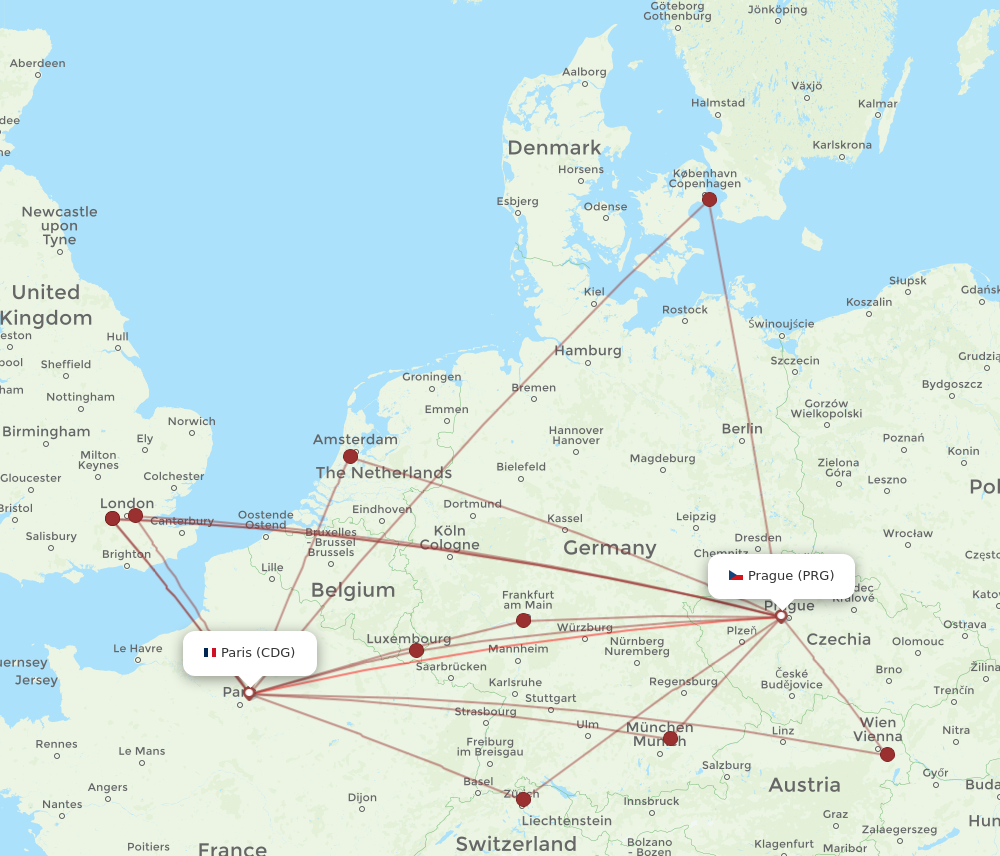 PRG to CDG flights and routes map