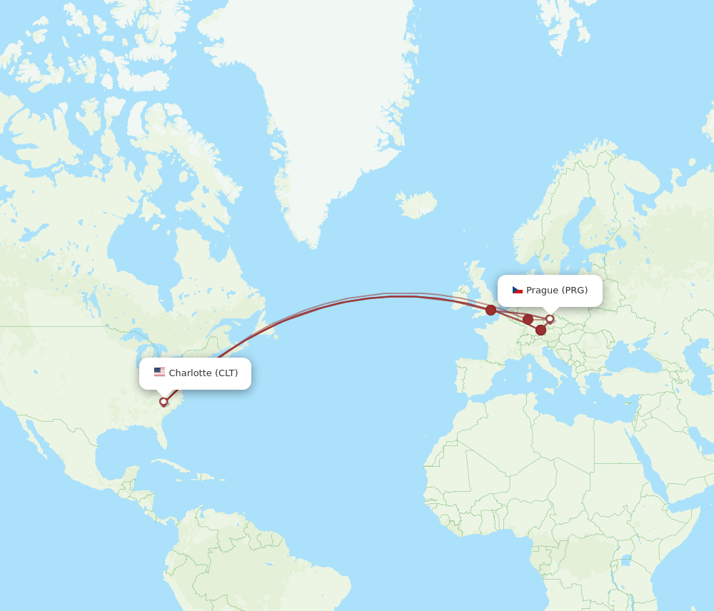 PRG-CLT flight routes