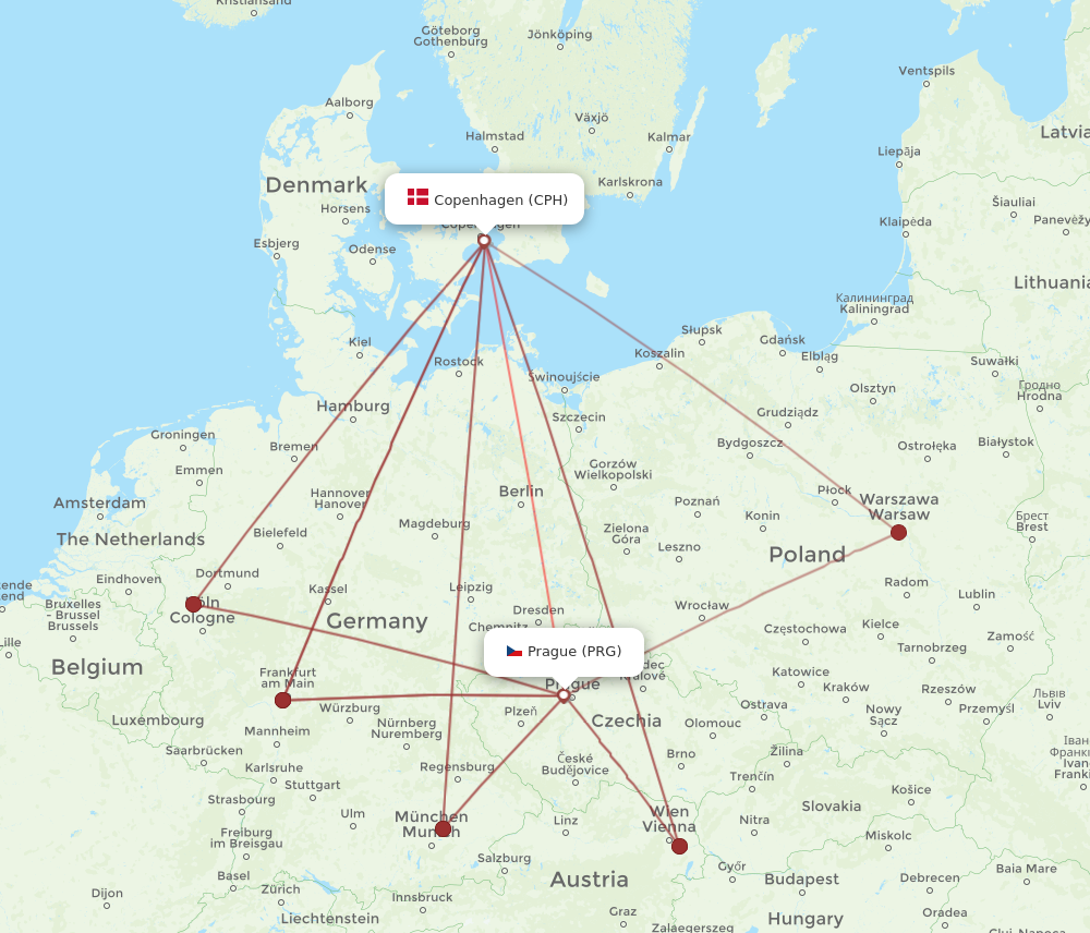 PRG to CPH flights and routes map