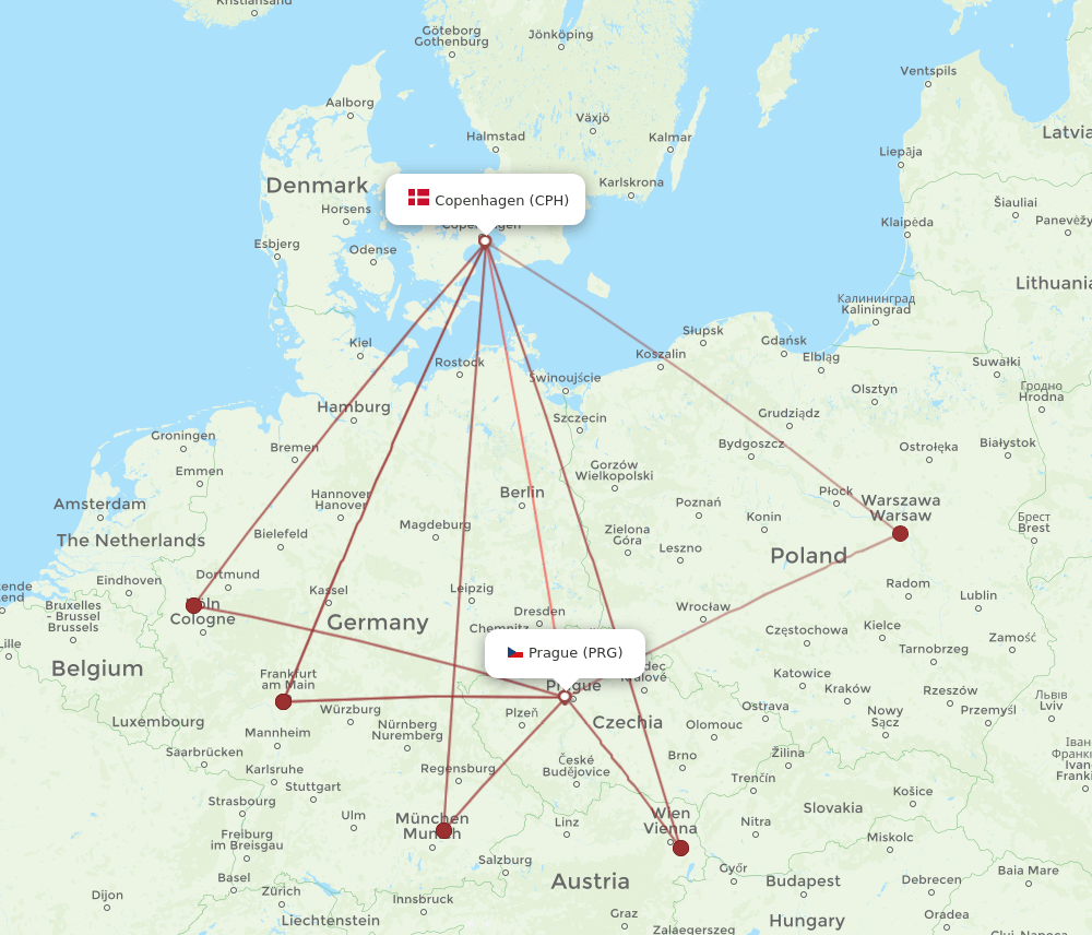 PRG-CPH flight routes