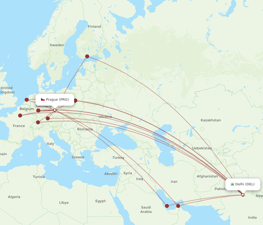 PRG to DEL flights and routes map