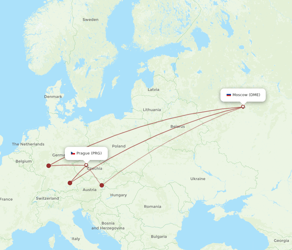 Prague - Moscow route map and flight paths