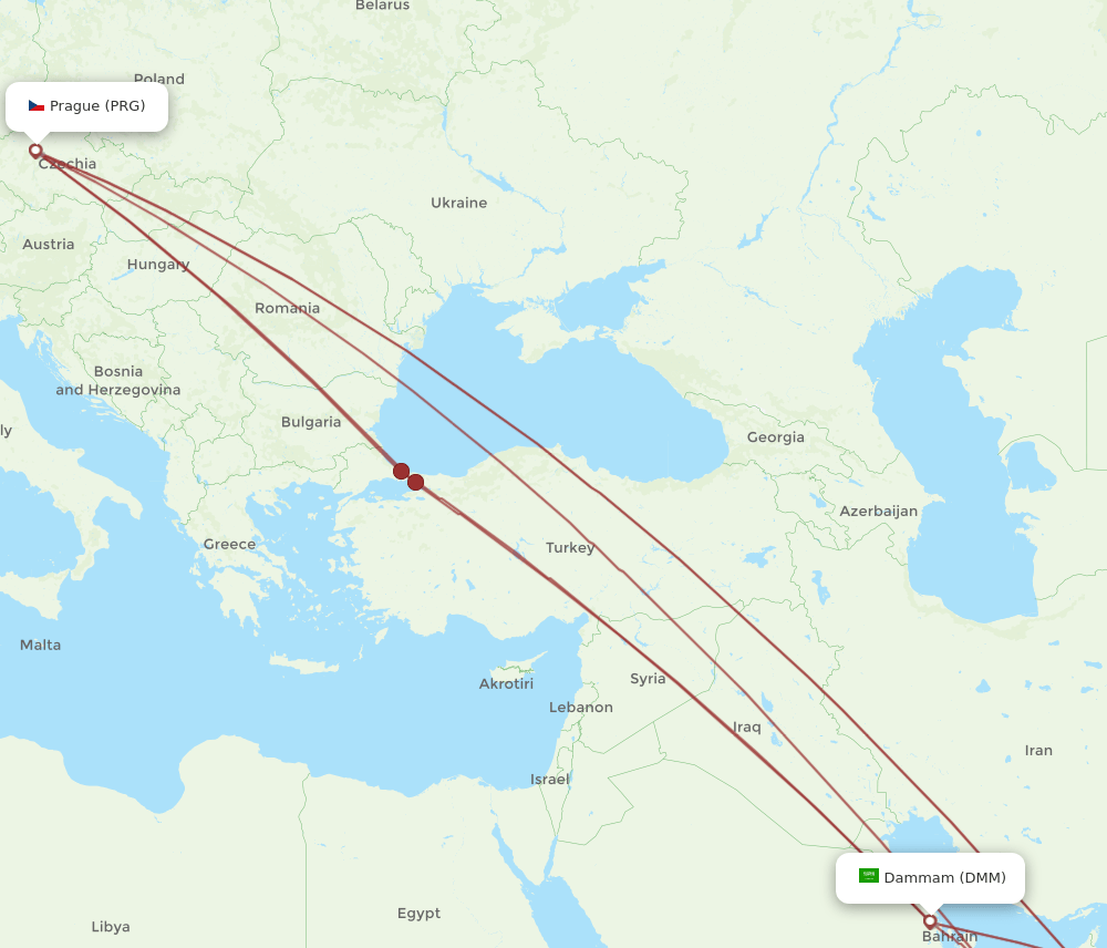 PRG to DMM flights and routes map