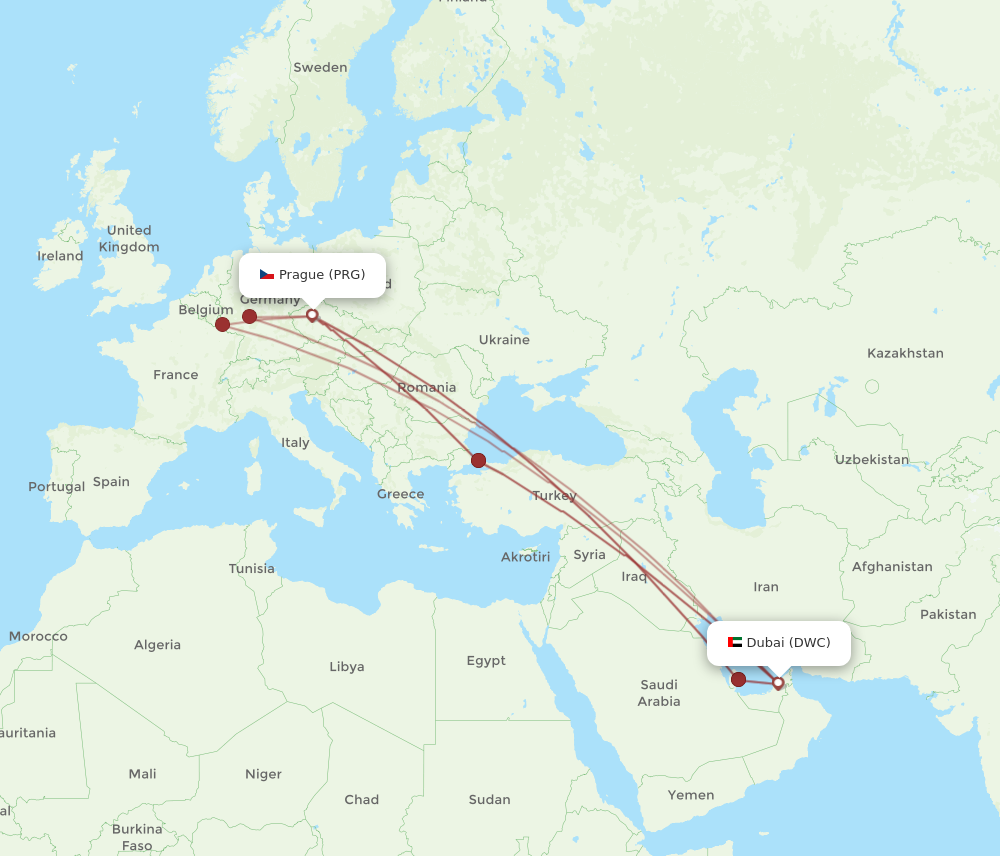 PRG to DWC flights and routes map