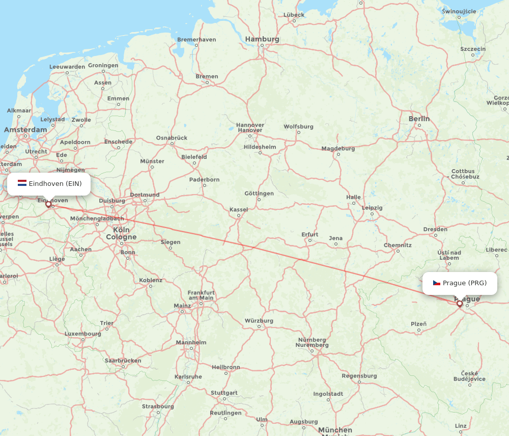 PRG to EIN flights and routes map