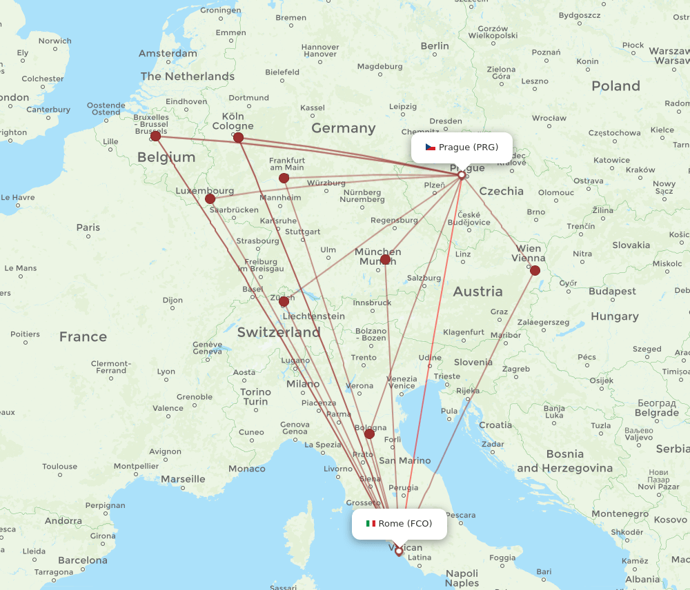 PRG to FCO flights and routes map