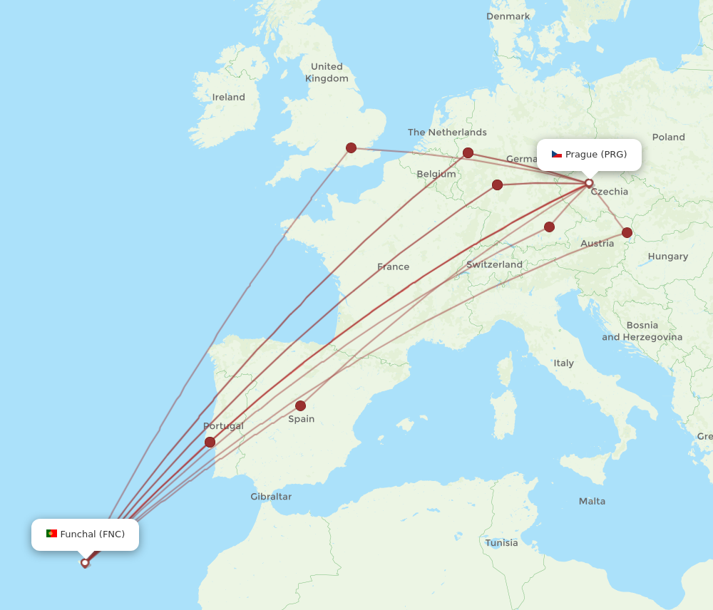 PRG to FNC flights and routes map