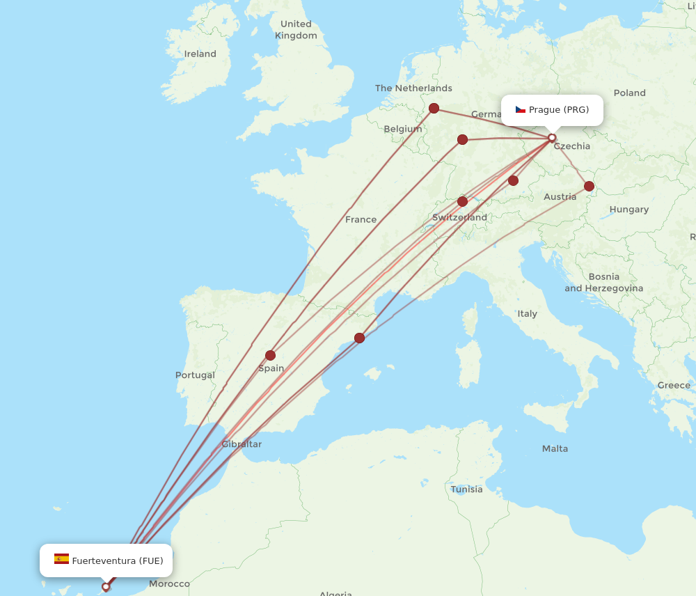 PRG to FUE flights and routes map