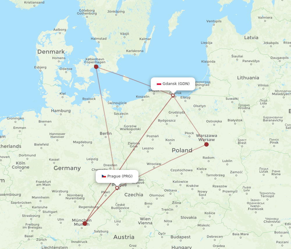 PRG to GDN flights and routes map