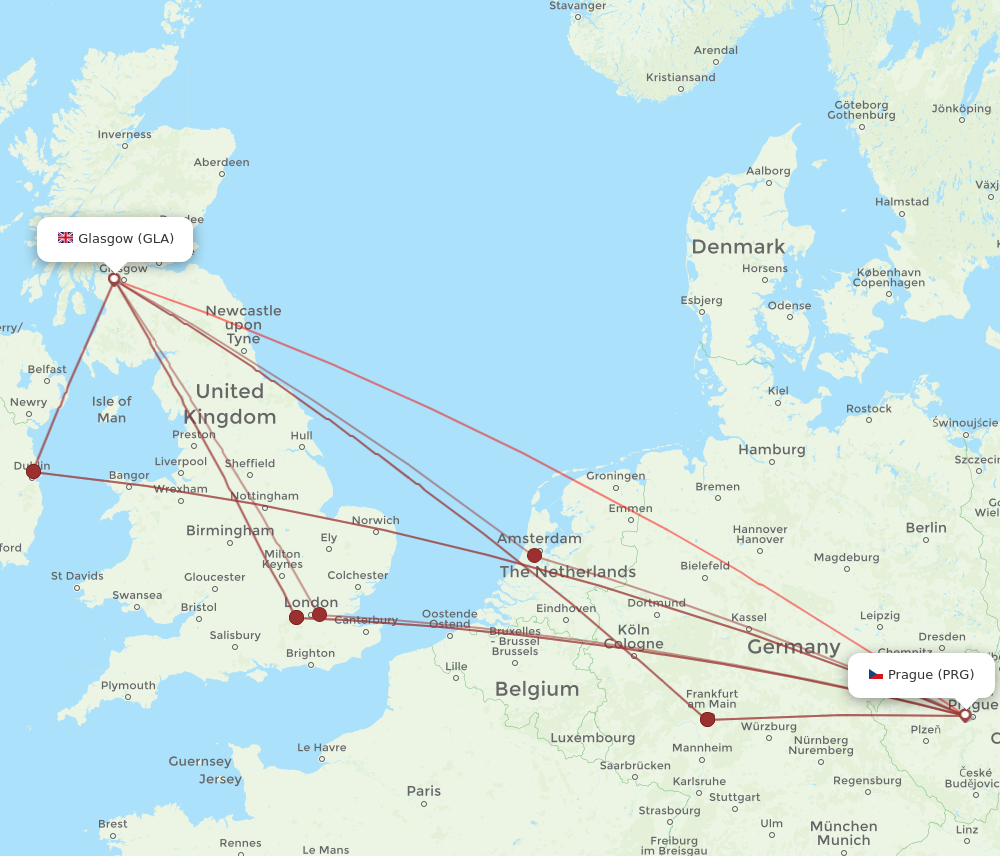 PRG to GLA flights and routes map