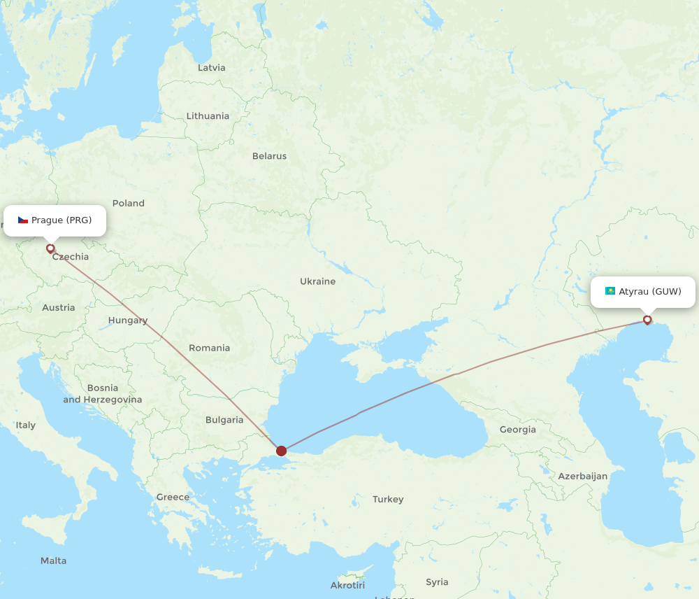 Atyrau - Prague route map and flight paths