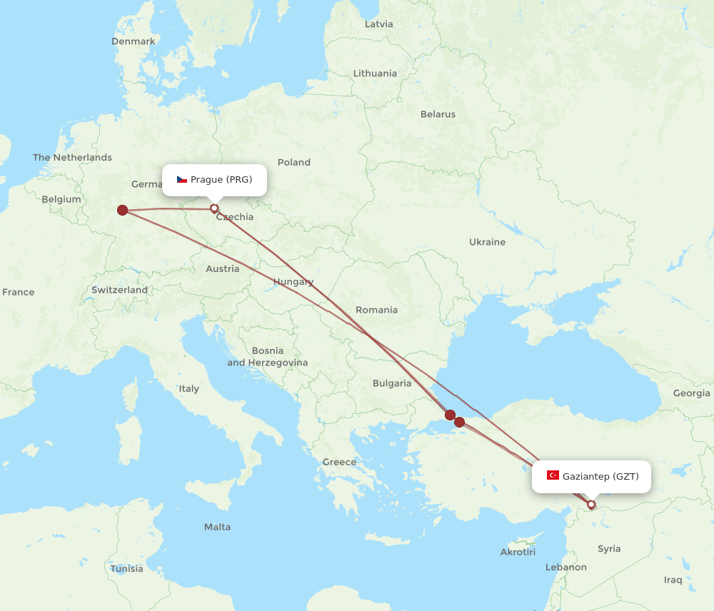 PRG to GZT flights and routes map
