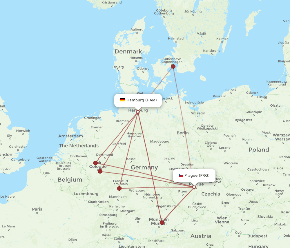 PRG to HAM flights and routes map
