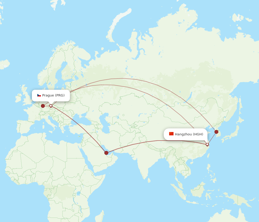 PRG to HGH flights and routes map