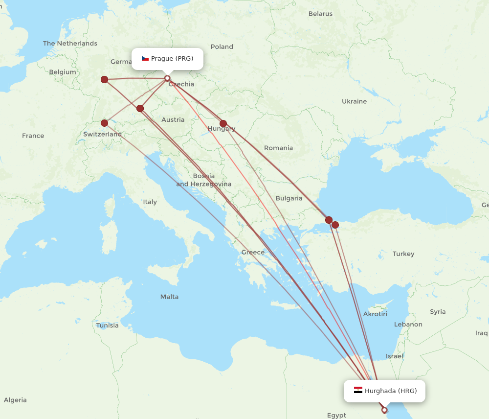 PRG to HRG flights and routes map