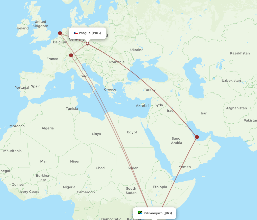 PRG-JRO flight routes