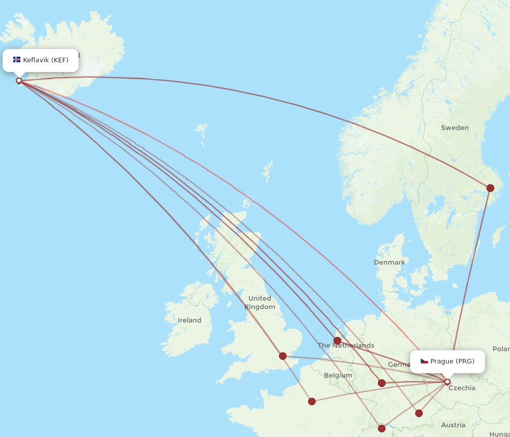 PRG to KEF flights and routes map