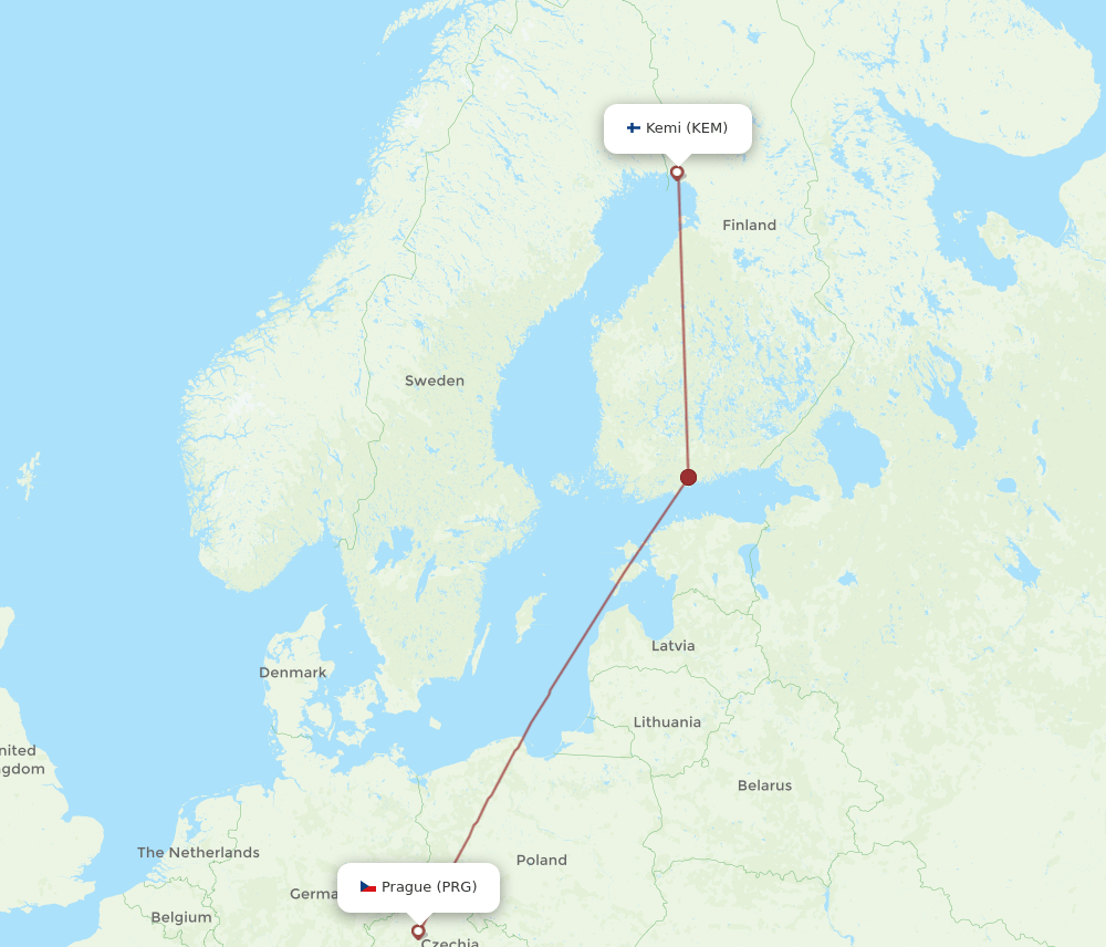 PRG to KEM flights and routes map