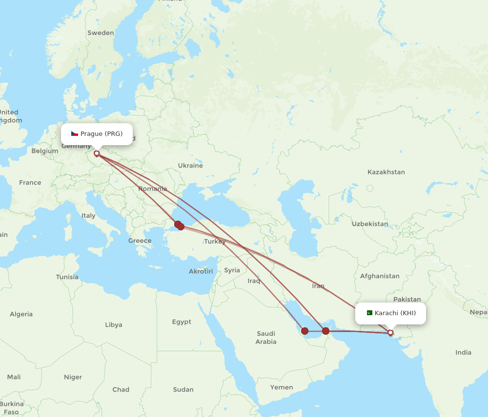 PRG to KHI flights and routes map