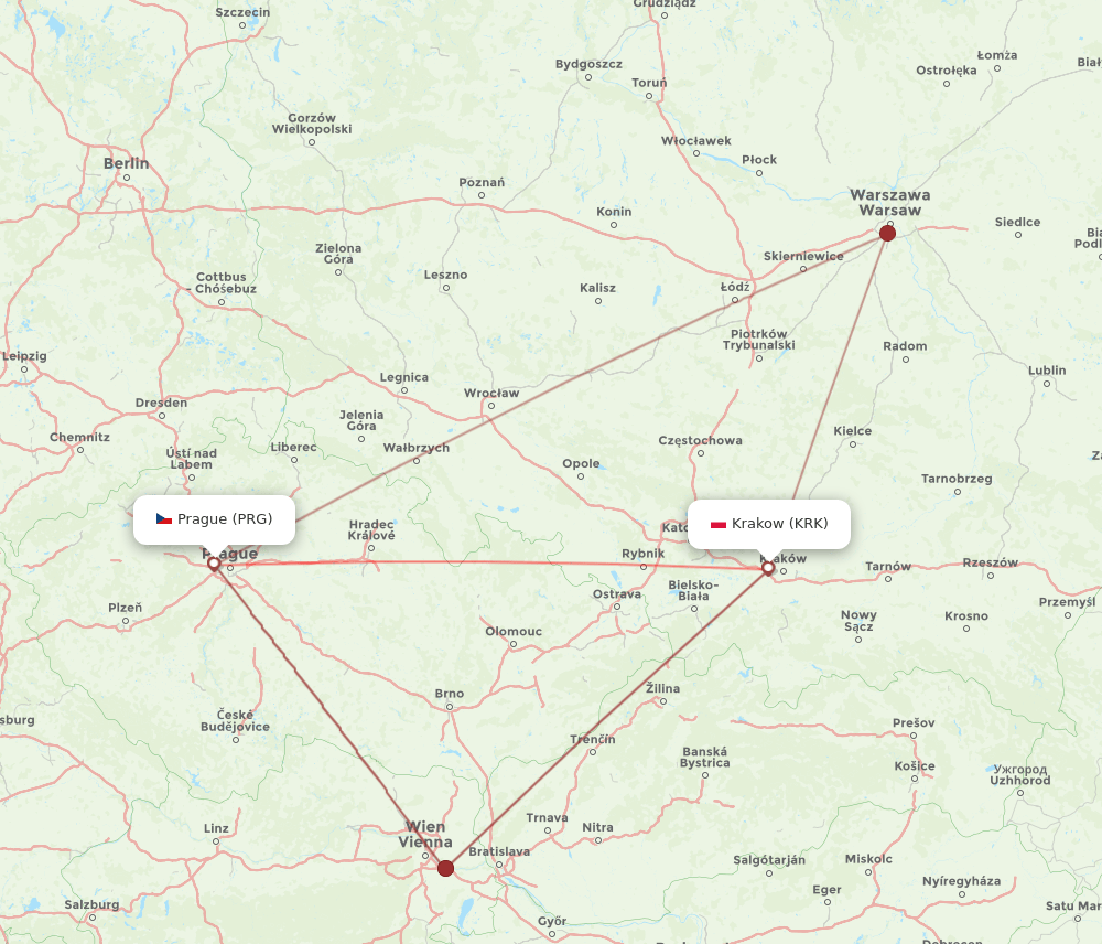 PRG to KRK flights and routes map