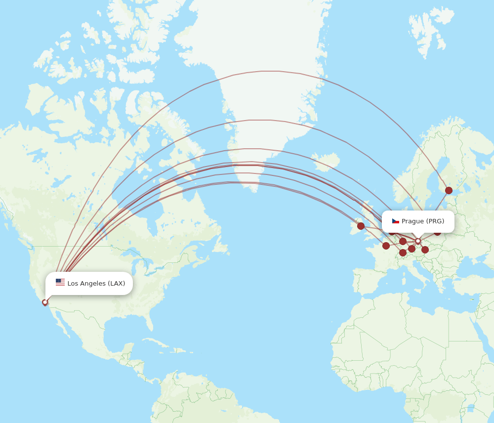 PRG to LAX flights and routes map