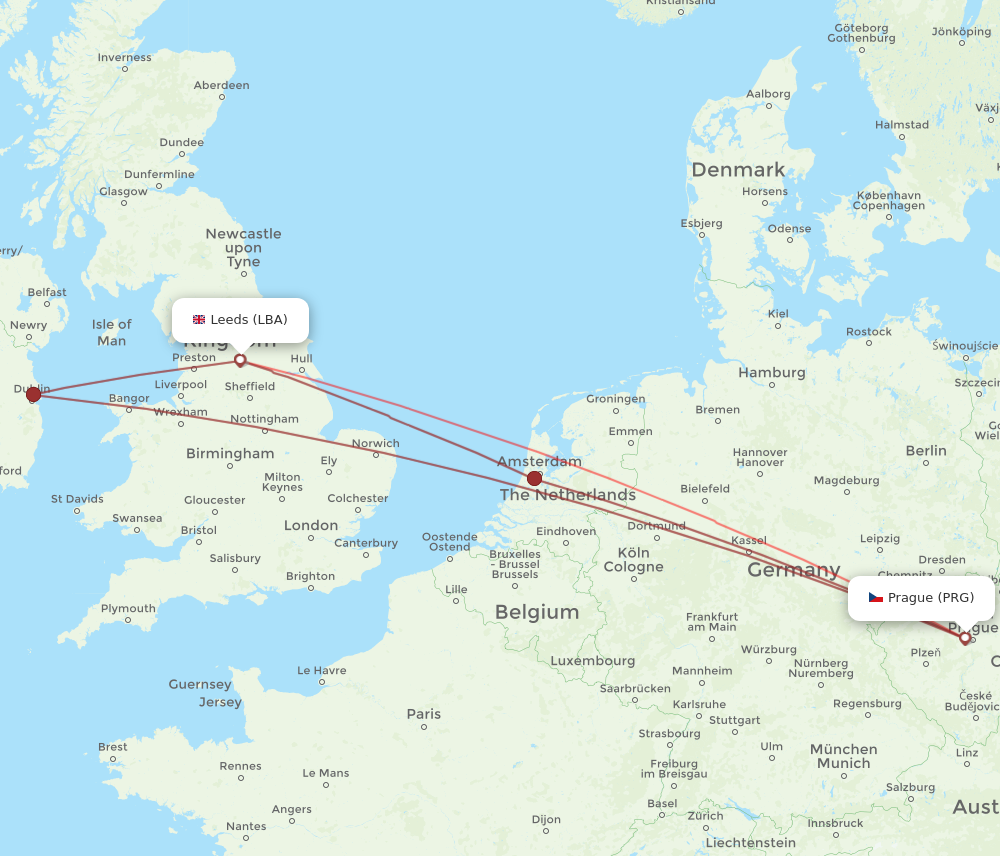 PRG to LBA flights and routes map
