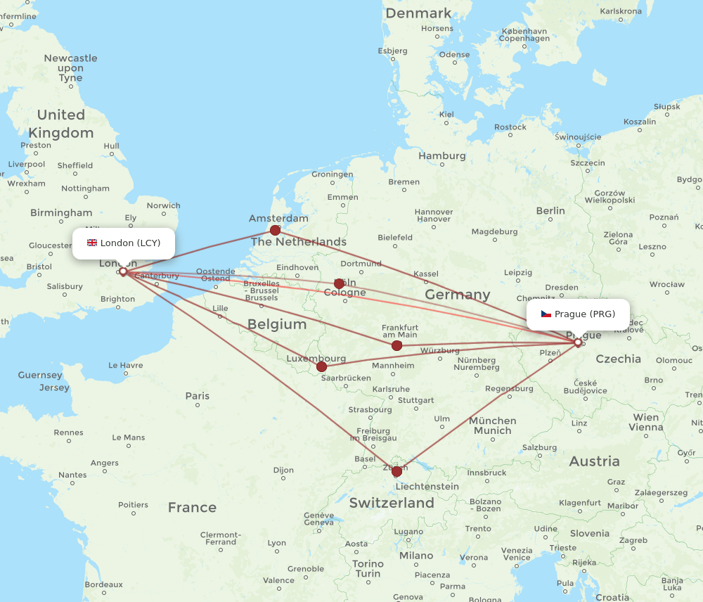 PRG to LCY flights and routes map