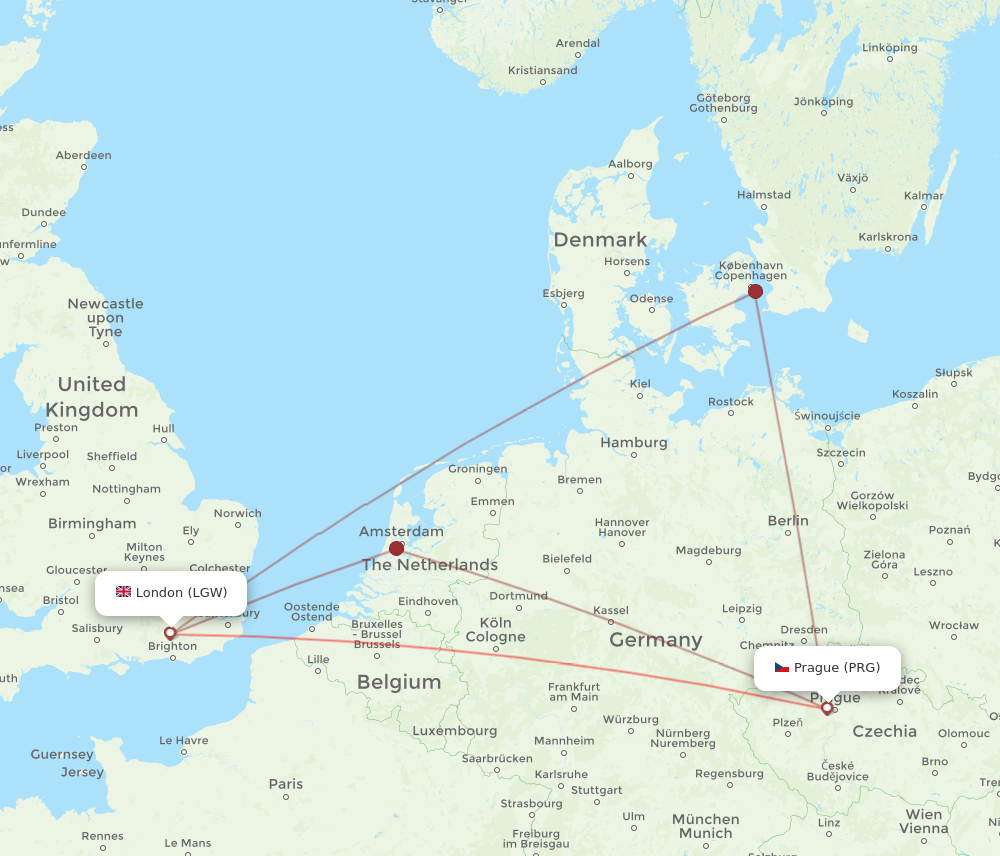 PRG to LGW flights and routes map