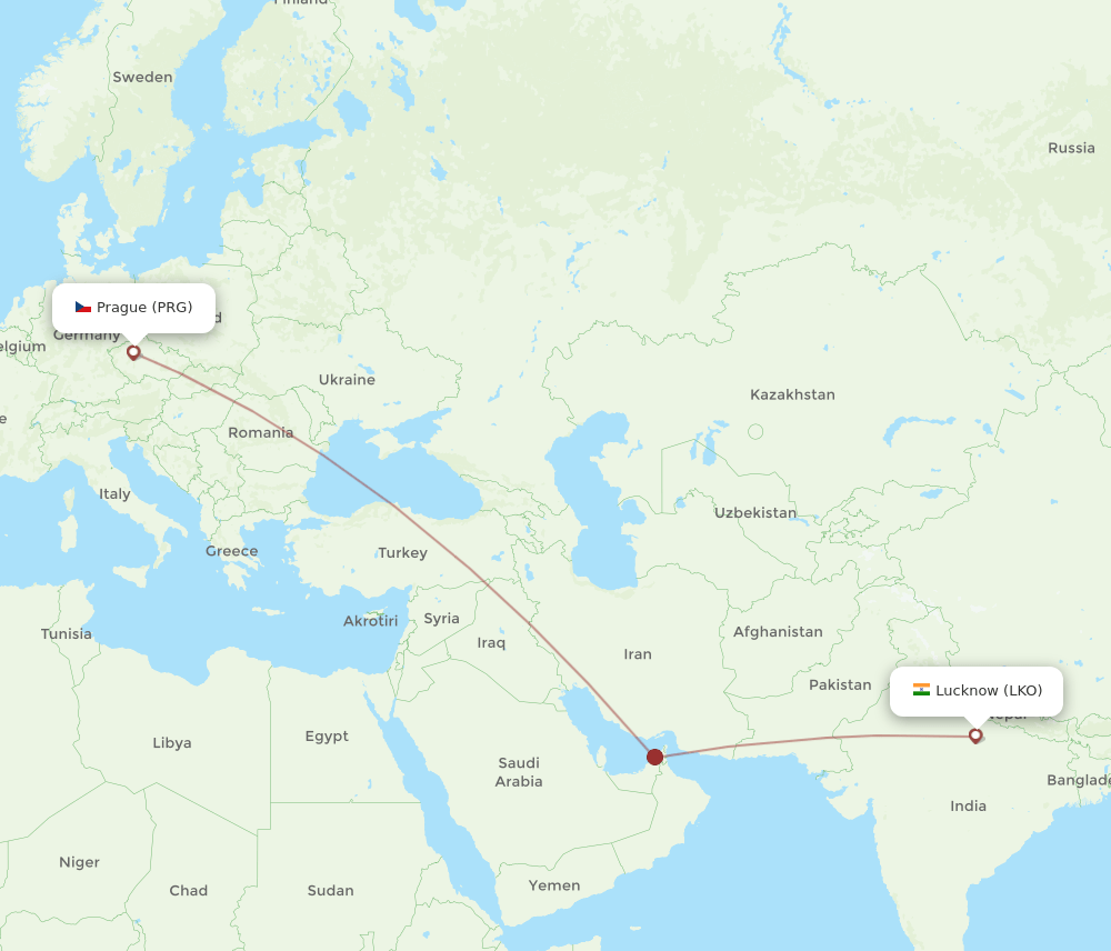 Prague - Lucknow route map and flight paths