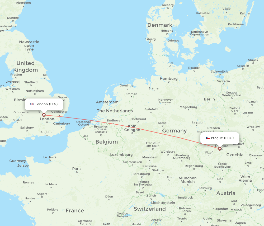 PRG to LTN flights and routes map