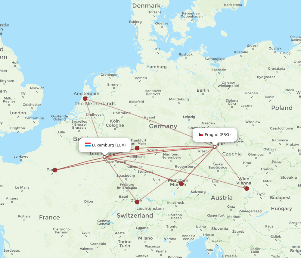 PRG to LUX flights and routes map