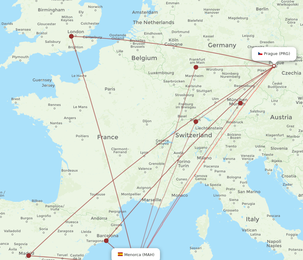 PRG-MAH flight routes