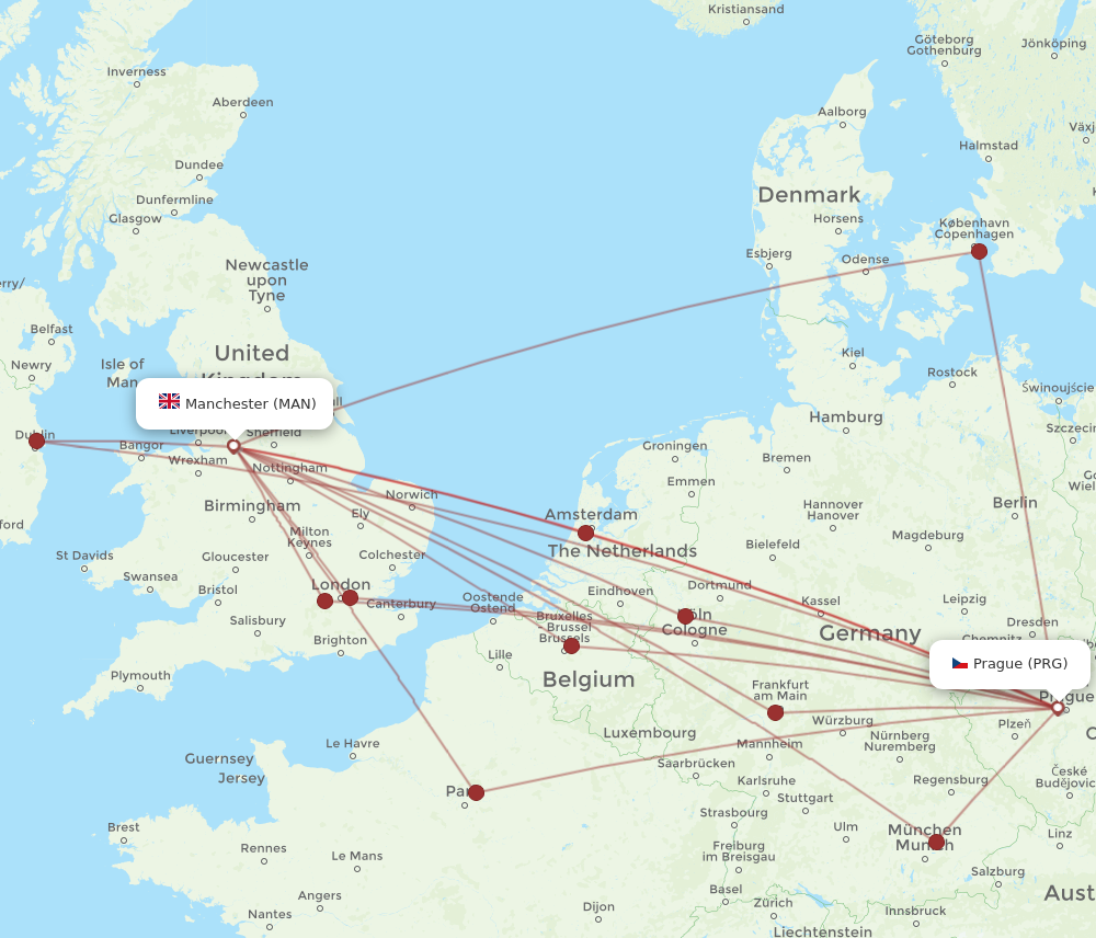 PRG to MAN flights and routes map