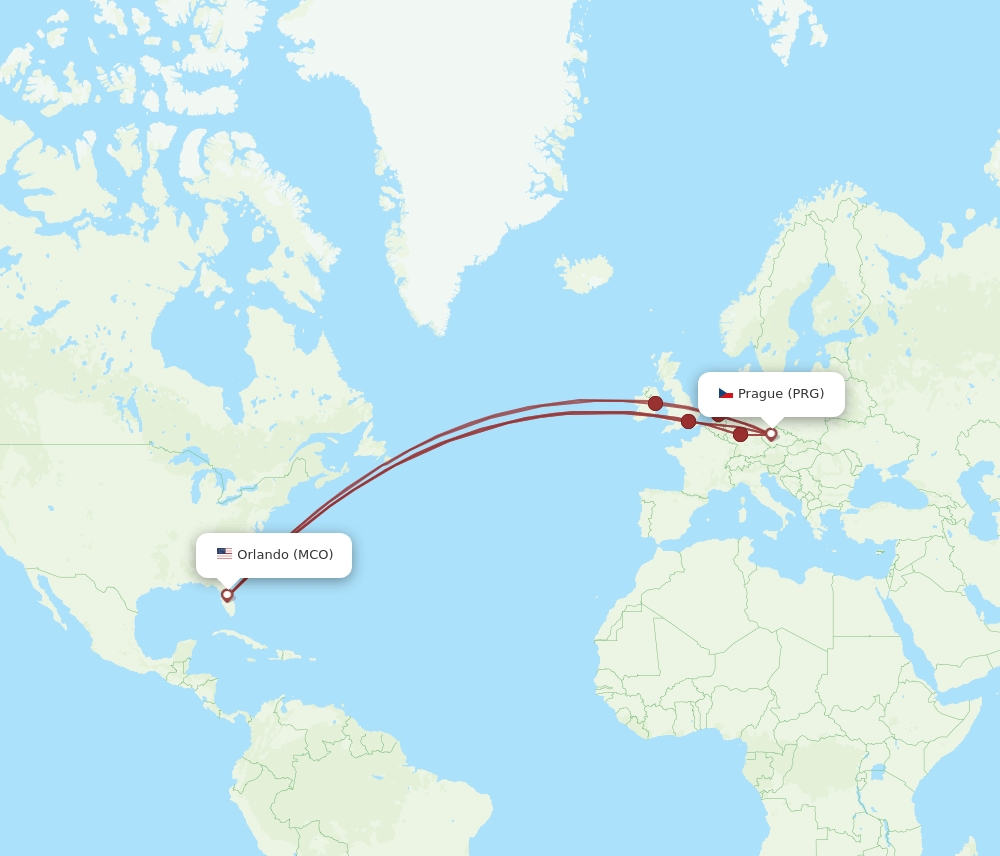 PRG-MCO flight routes