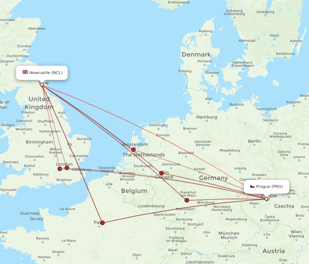 PRG to NCL flights and routes map