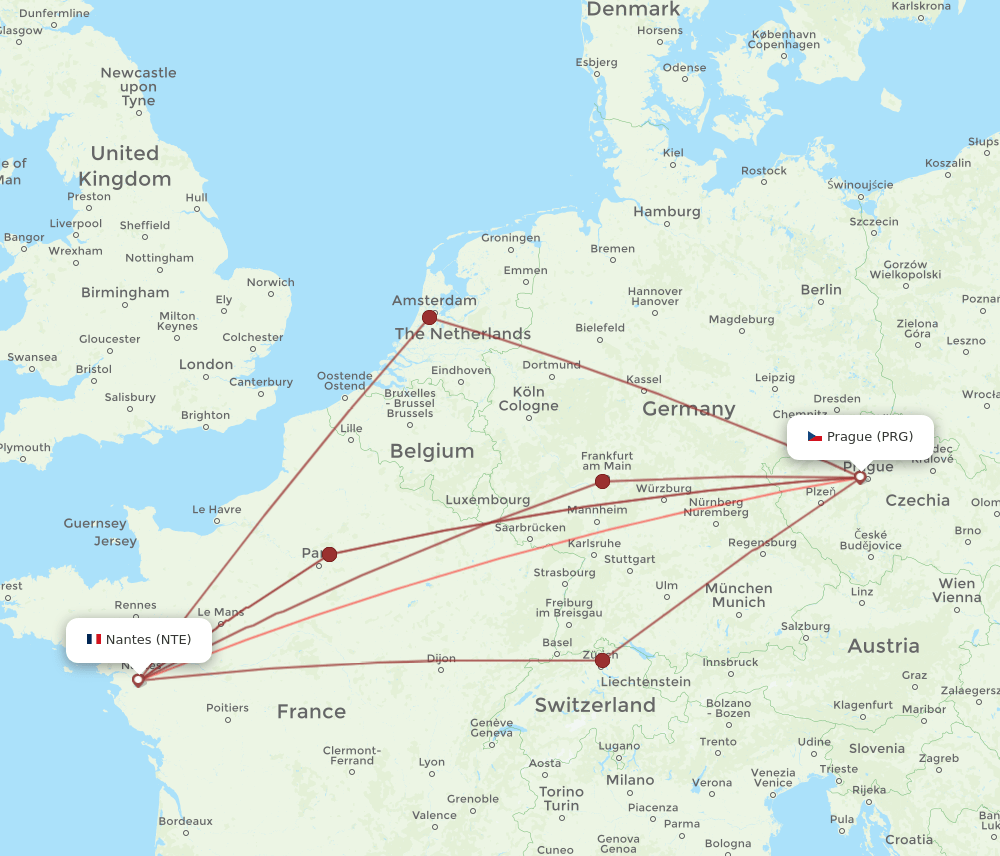 PRG-NTE flight routes