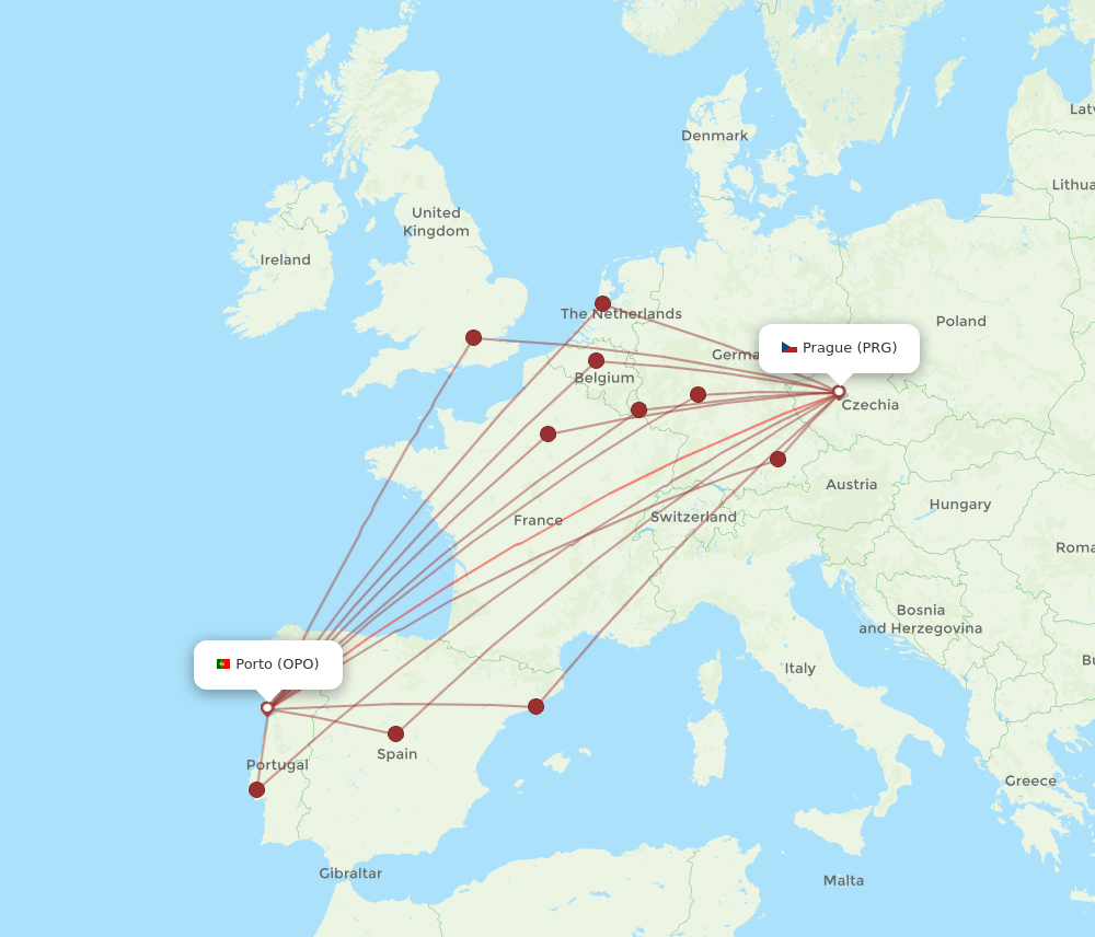 PRG-OPO flight routes