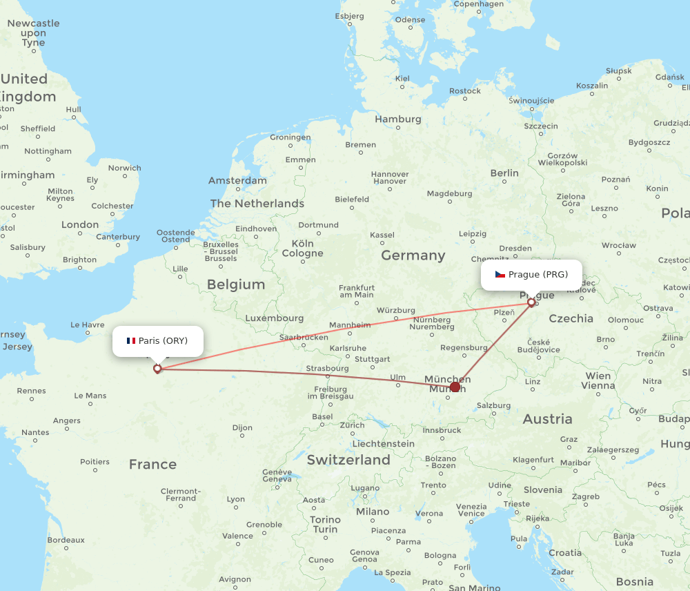 PRG to ORY flights and routes map