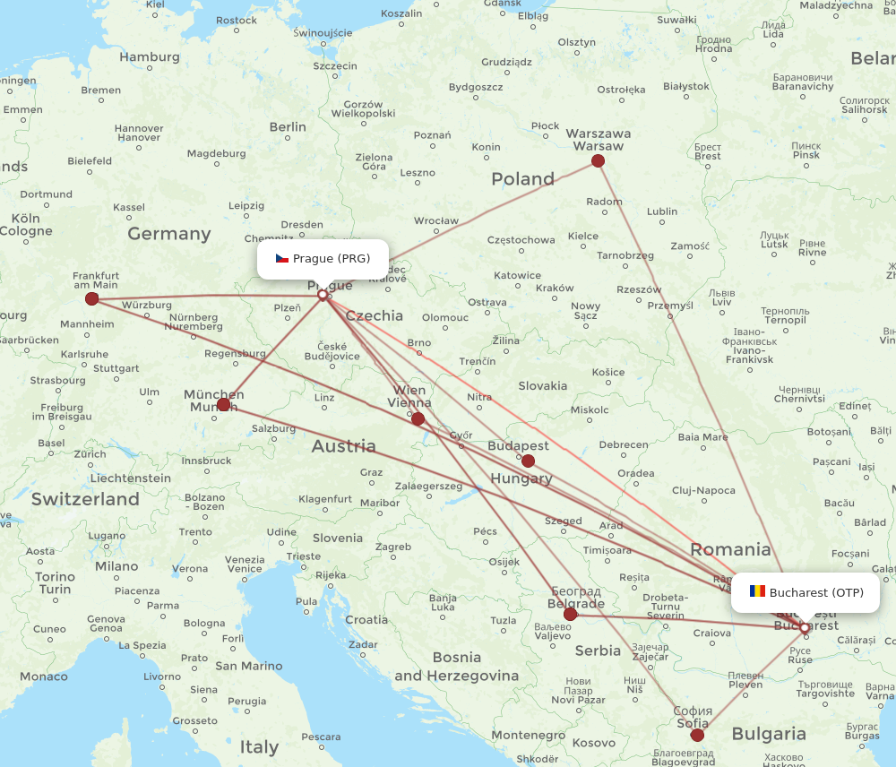 PRG to OTP flights and routes map