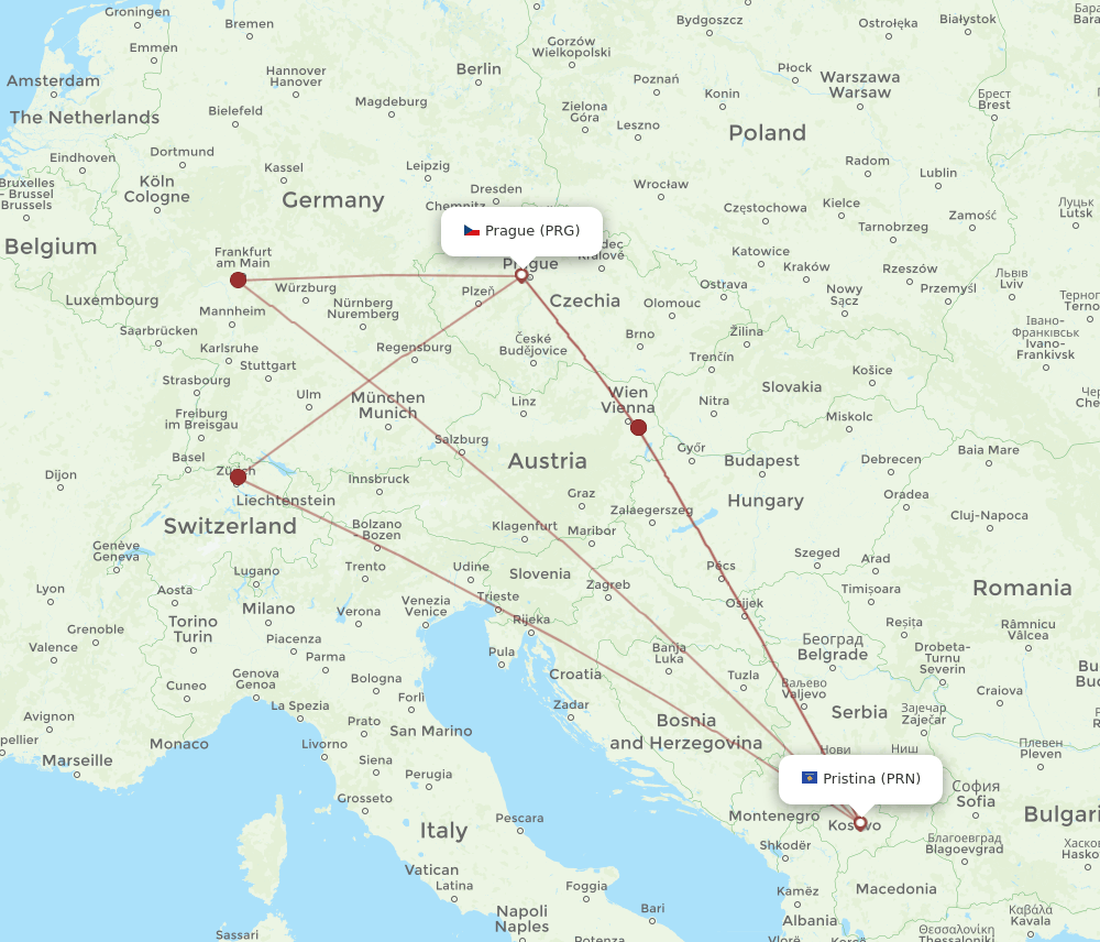 PRG to PRN flights and routes map