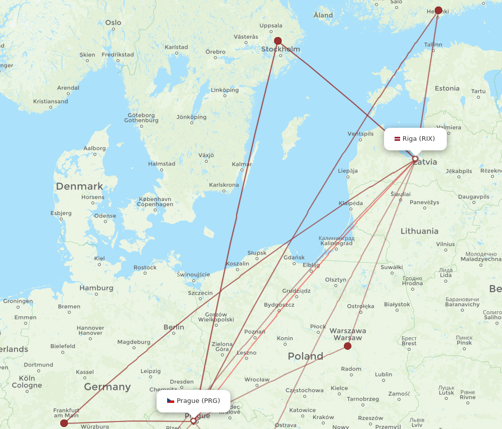 PRG to RIX flights and routes map