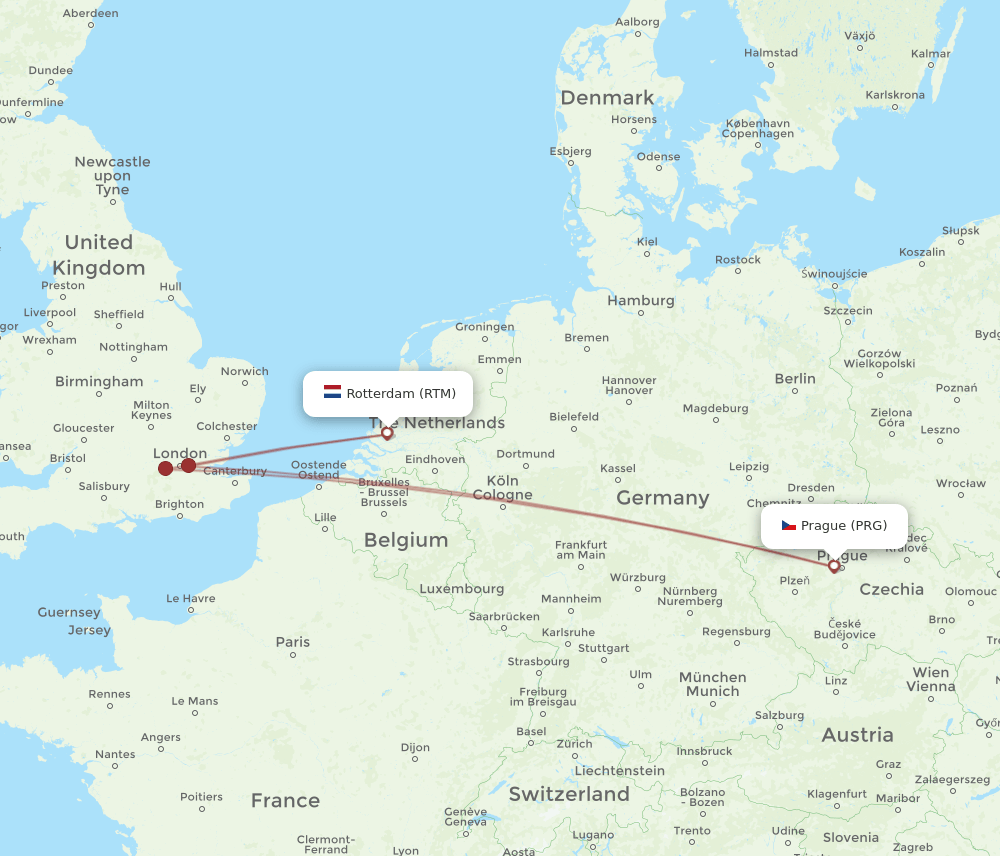 PRG to RTM flights and routes map